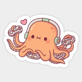 Cute Octopus Gamer With Four Video Game Controllers Sticker